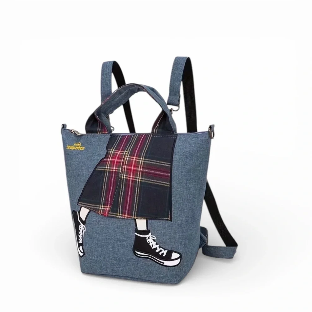 Mis Zapatos Denim Blue Backpack with Plaid Accents NWT
